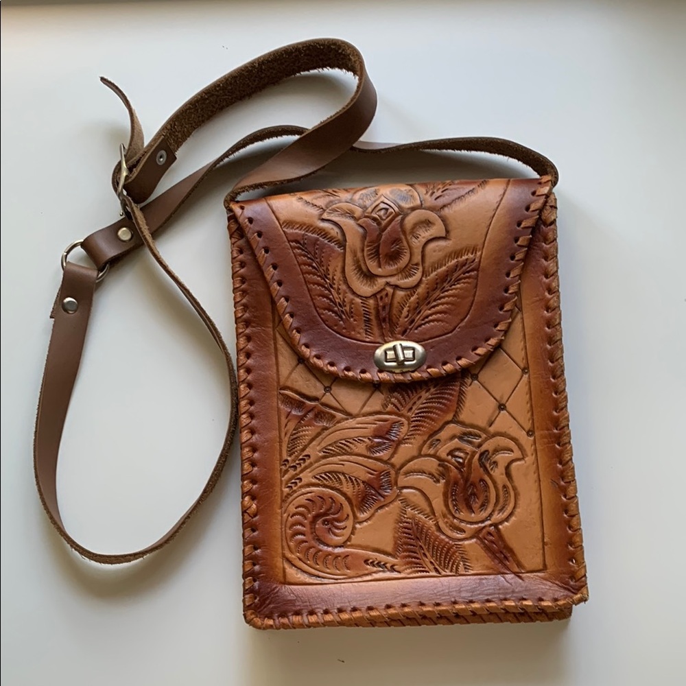 Brown Leather Floral Crossbody Bag